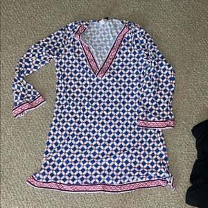 La Blanca Blue & White Geometric Print cover up coverup Pink Trim medium swim